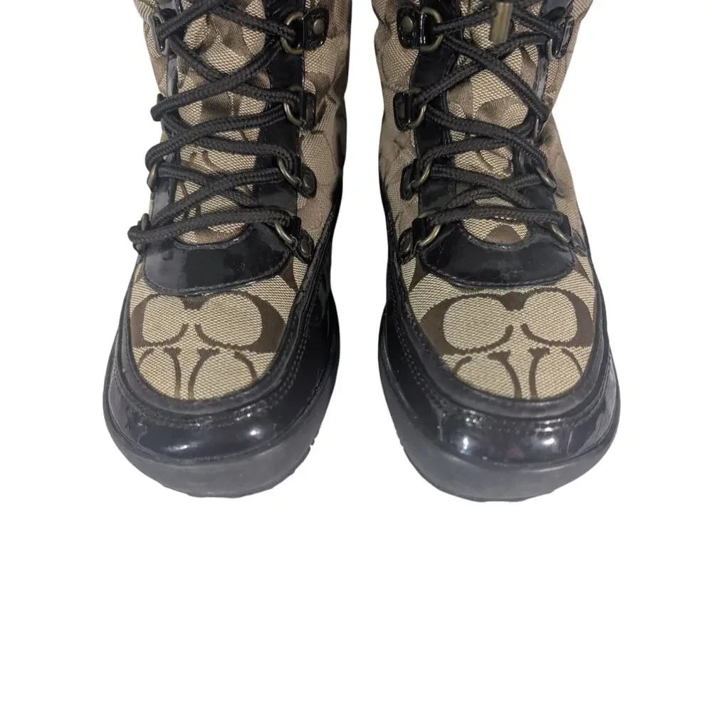 COACH! BROWN MONOGRAM & PATENT LEATHER INSULATED LACE UP WINTER BOOTS! SZ 6.5M